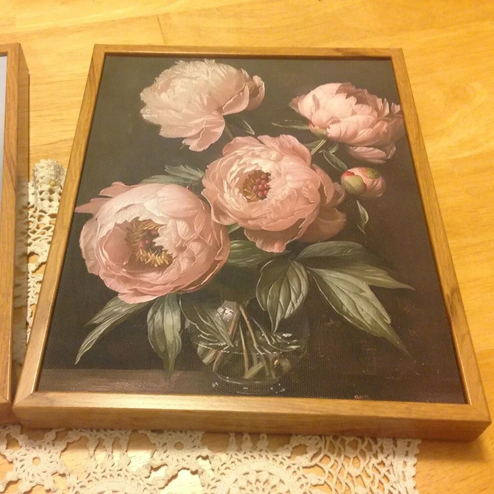 Lovely florals in faux wood frames, pinks to lite peach tones